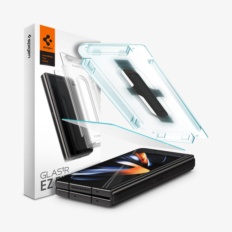 AGL05543 - Galaxy Z Fold 4 Series GLAS.tR EZ Fit showing the installation tray hovering above the glass protector and device beside the packaging