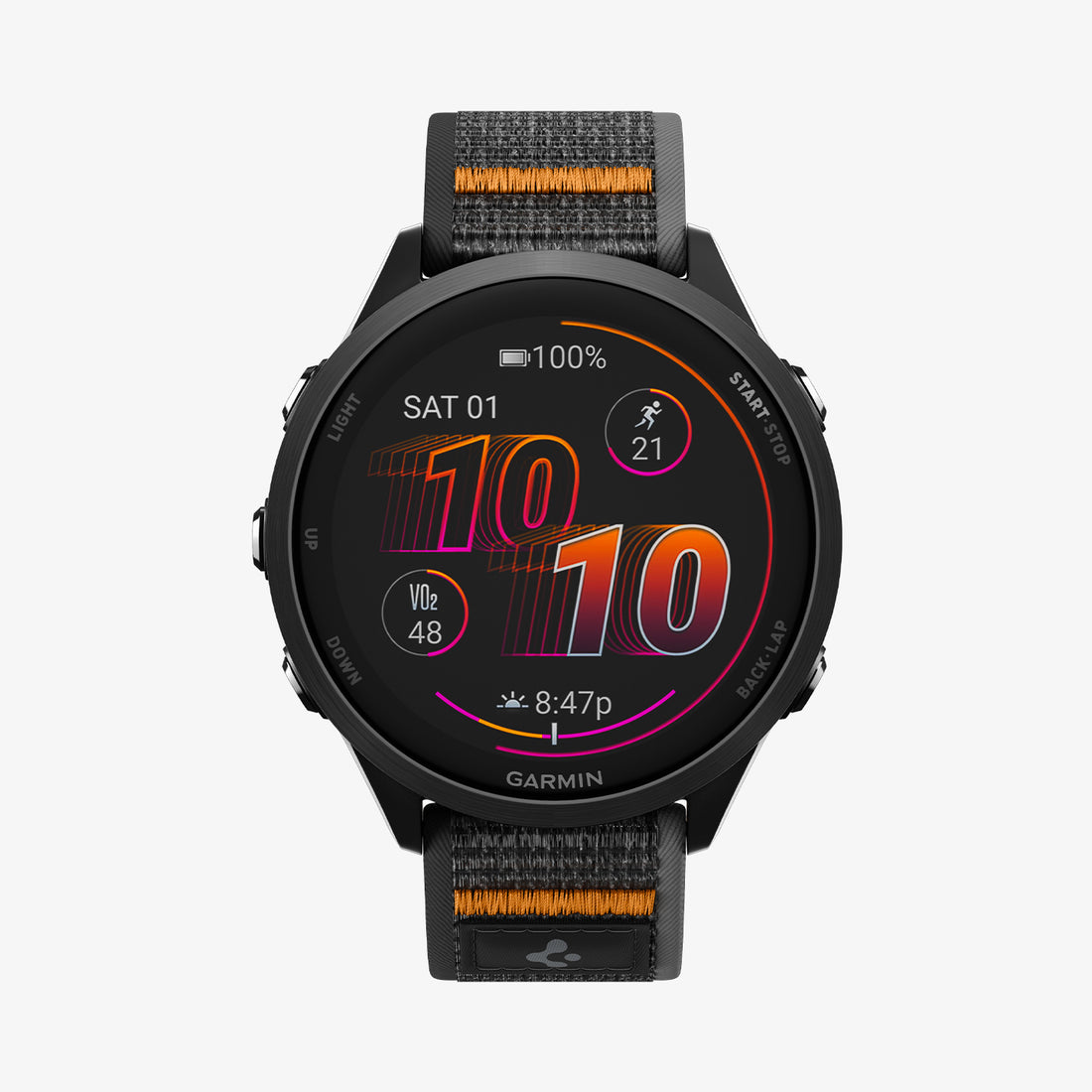 AMP11425 - Gamin 22mm Athlex Air Quick Realase showing front display view of smartwatch with Athlex Air 2 Quick Release 22mm woven band in black and orange