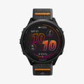 AMP11425 - Gamin 22mm Athlex Air Quick Realase showing front display view of smartwatch with Athlex Air 2 Quick Release 22mm woven band in black and orange