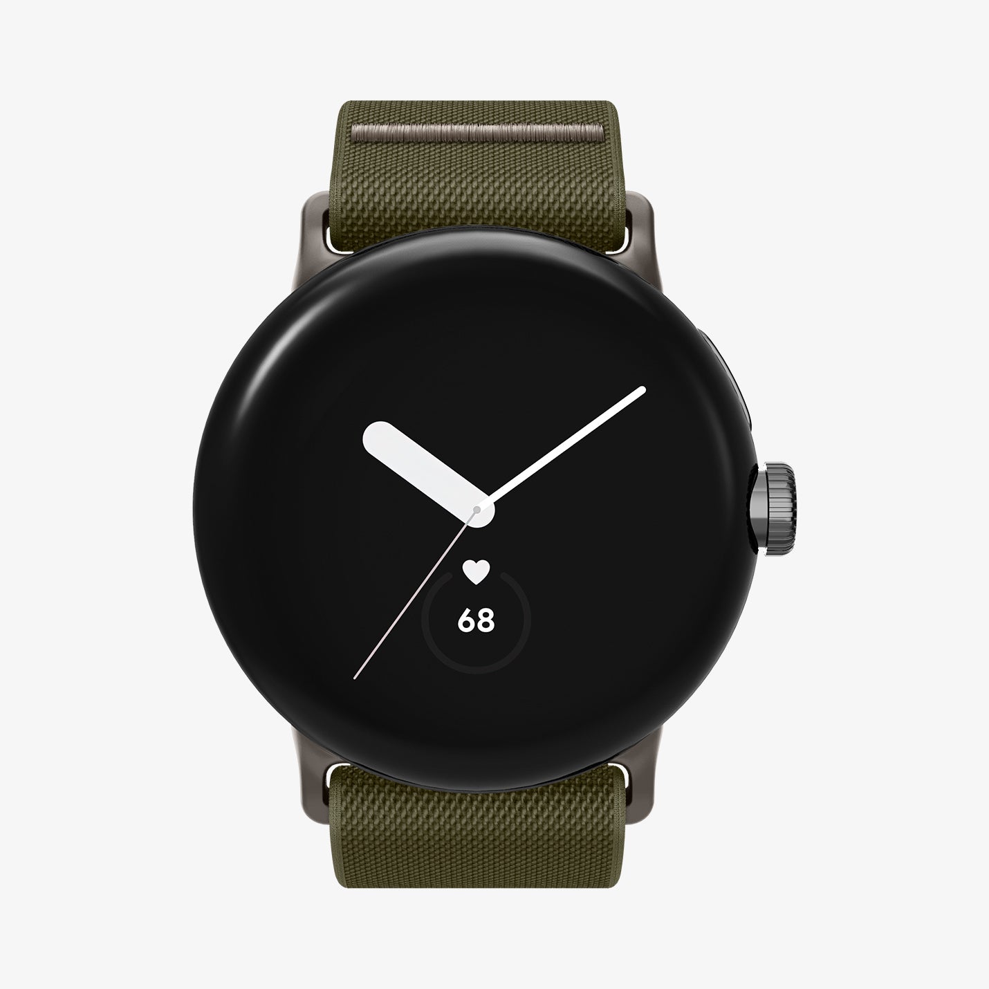 AMP07608 - Pixel Watch 5 (41mm) Lite Fit Khaki front view showcasing the slim woven watch band with a clean and minimalist design.