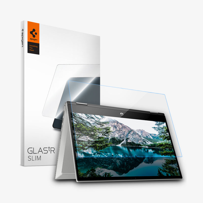 S41GL26105 - HP Pavilion x360 14 inch Glas.tR SLIM in Clear showing the front of a tempered glass hovering in in front of a device beside it, is the packaging