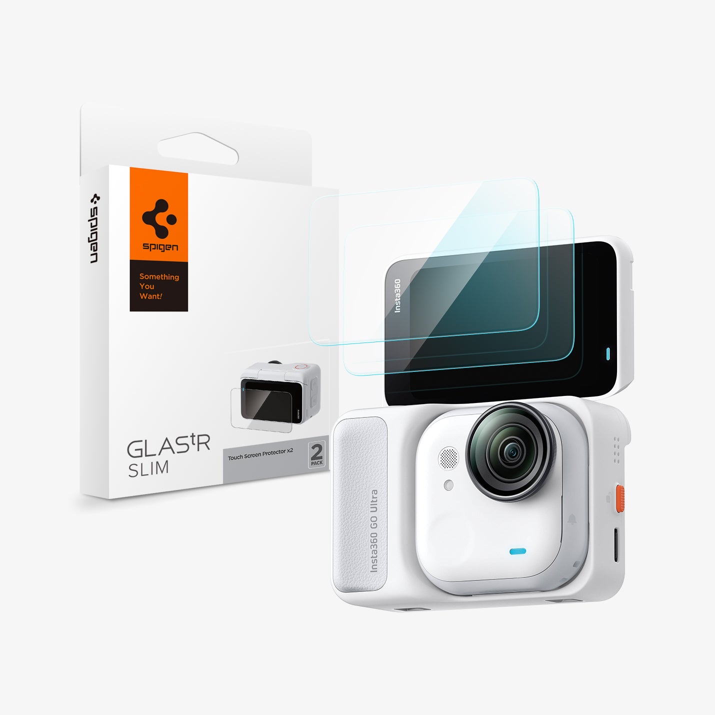 AGL11171 - Insta360 Go Ultra Glas.tR SLIM showing 2 screen protector hovering in front of the device and beside is the packaging
