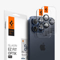 AGL07164 - iPhone 15 Pro / 15 Pro Max Optik Pro Lens Protector in blue titanium showing the device, two lens protectors and packaging