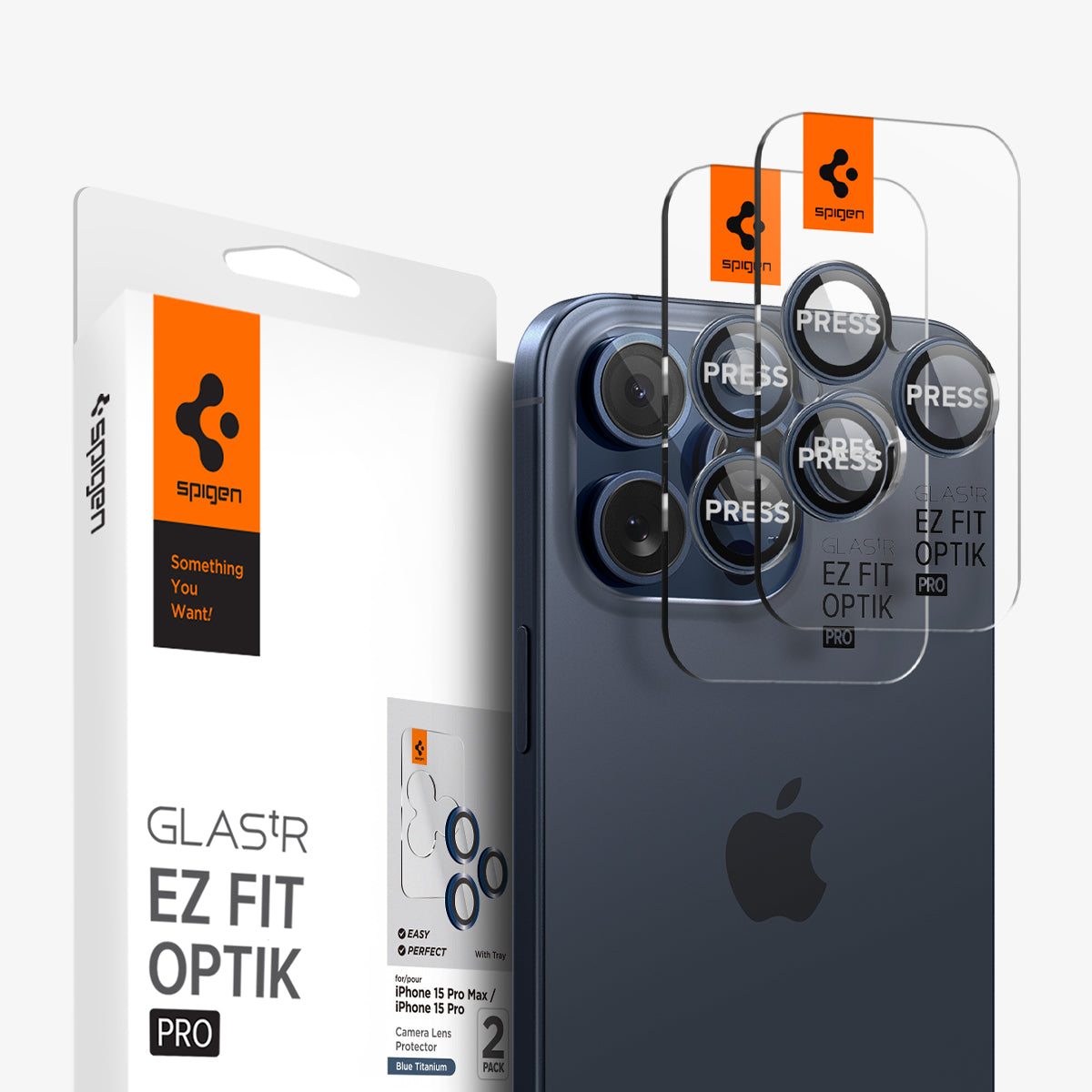 AGL07164 - iPhone 15 Pro / 15 Pro Max Optik Pro Lens Protector in blue titanium showing the device, two lens protectors and packaging