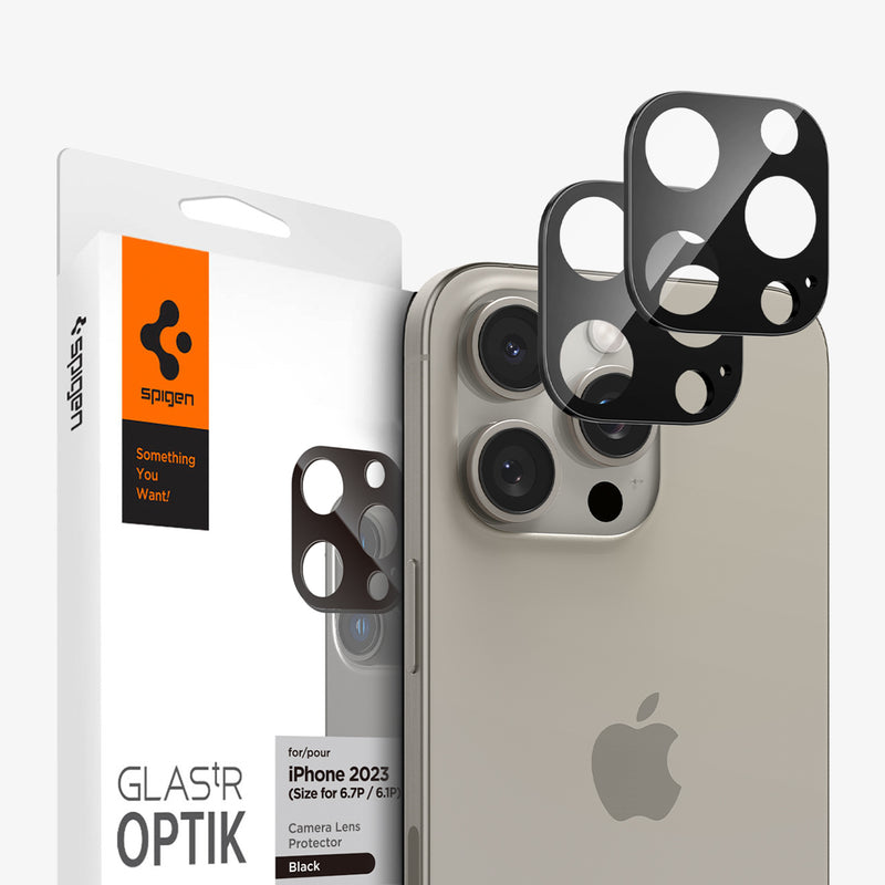 AGL06913 - iPhone 15 Pro / 15 Pro Max Optik Lens Protector in black showing the device, two lens protectors and packaging