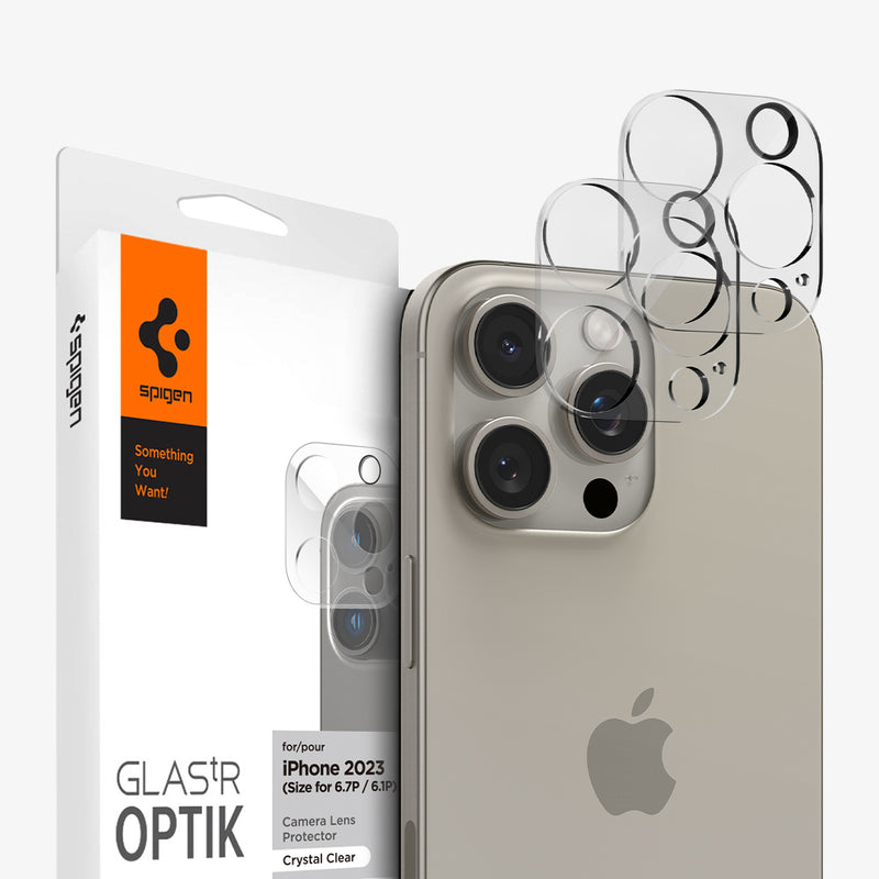 AGL06912 - iPhone 15 Pro / 15 Pro Max Optik Lens Protector in crystal clear showing the device, two lens protectors and packaging