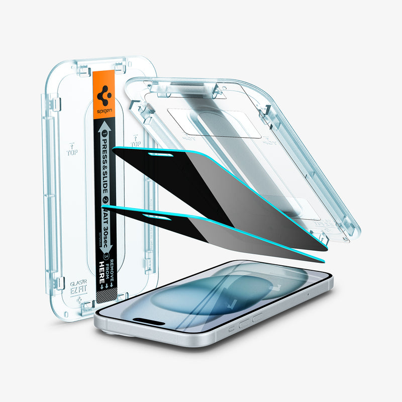 AGL06905 - iPhone 15 Screen Protector EZ FIT GLAS.tR Privacy showing the device, two screen protectors and ez fit trays