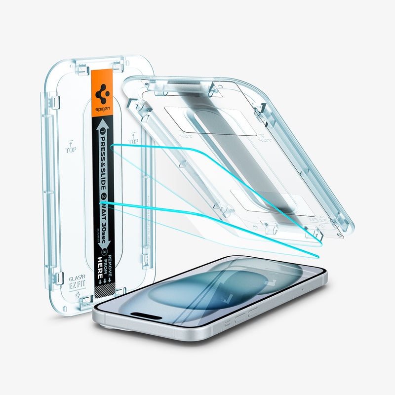 AGL06883 - iPhone 15 Plus Screen Protector EZ FIT GLAS.tR (Sensor Protection) showing the device, two screen protectors and ez fit tray