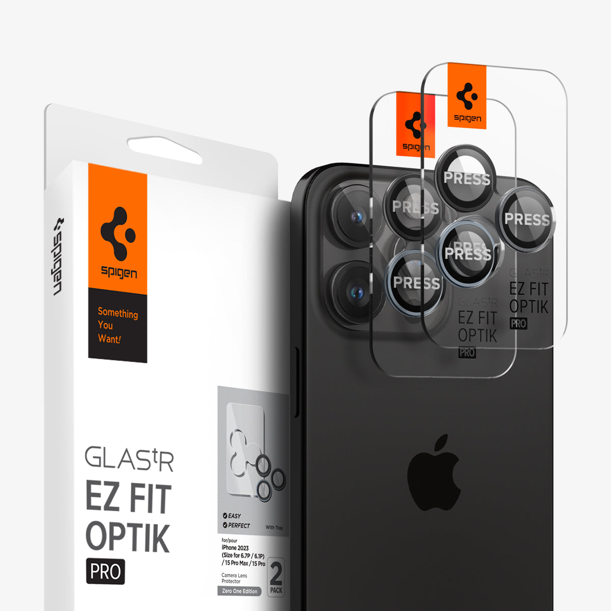 AGL06159 - iPhone 15 Pro / 15 Pro Max Optik Pro Lens Protector in zero one showing the device, two lens protectors and packaging