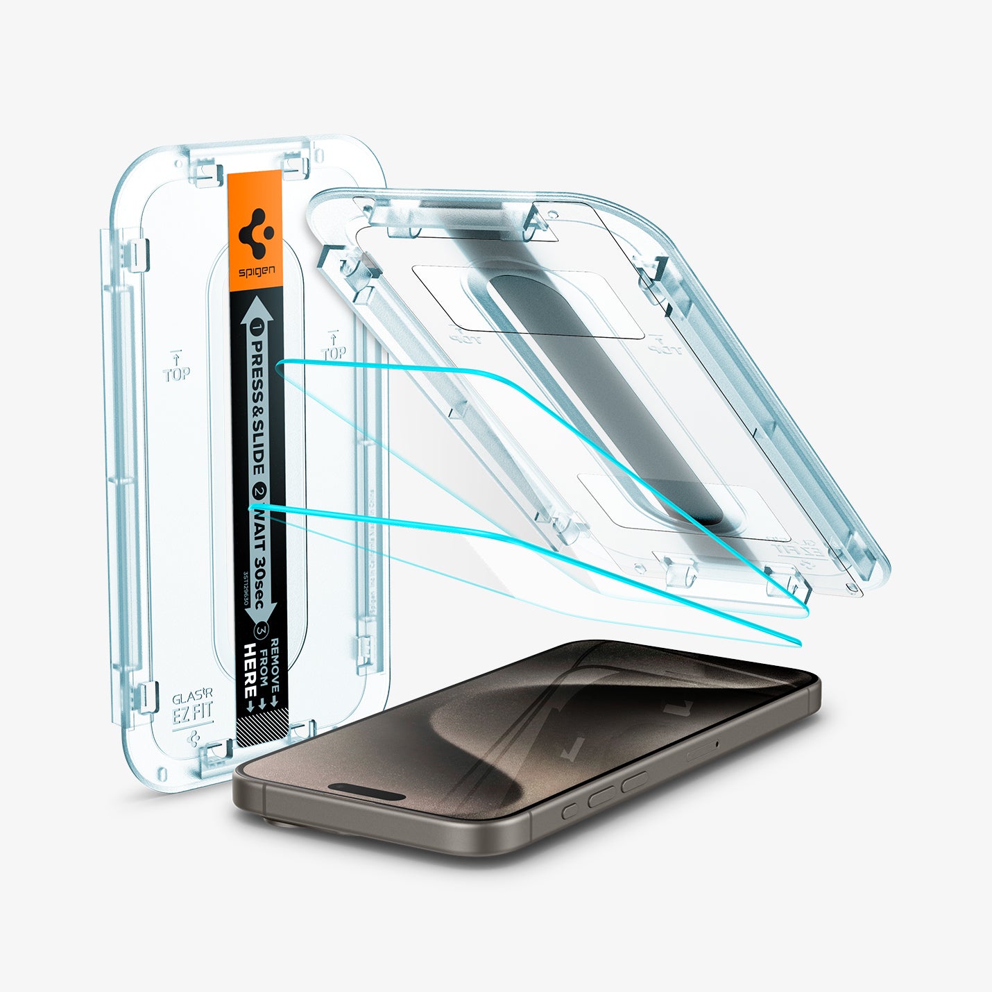 AGL06872 - iPhone 15 Pro Max Screen Protector EZ FIT GLAS.tR (Sensor Protection) showing the device, two screen protectors and ez fit tray
