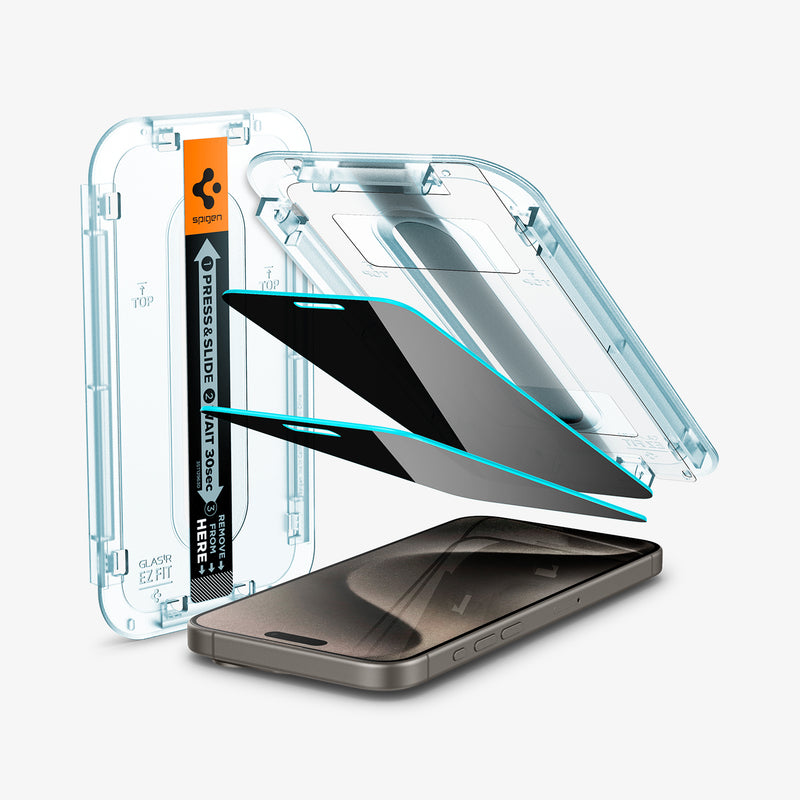 AGL06874 - iPhone 15 Pro Max Screen Protector EZ FIT GLAS.tR Privacy showing the device, two screen protectors and ez fit trays