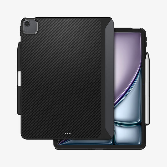 ACS07670 - iPad Air 13-inch (2024) Case Enzo Aramid in Black showing the back and partial front with stylus pen attached