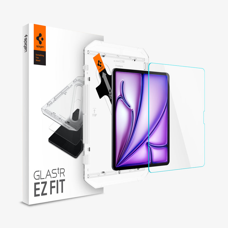 AGL07803 - iPad Air 12.9-inch GLAS.tR EZ FIT in Clear showing the screen protector hovering in front of the device, ez fit tray and packaging