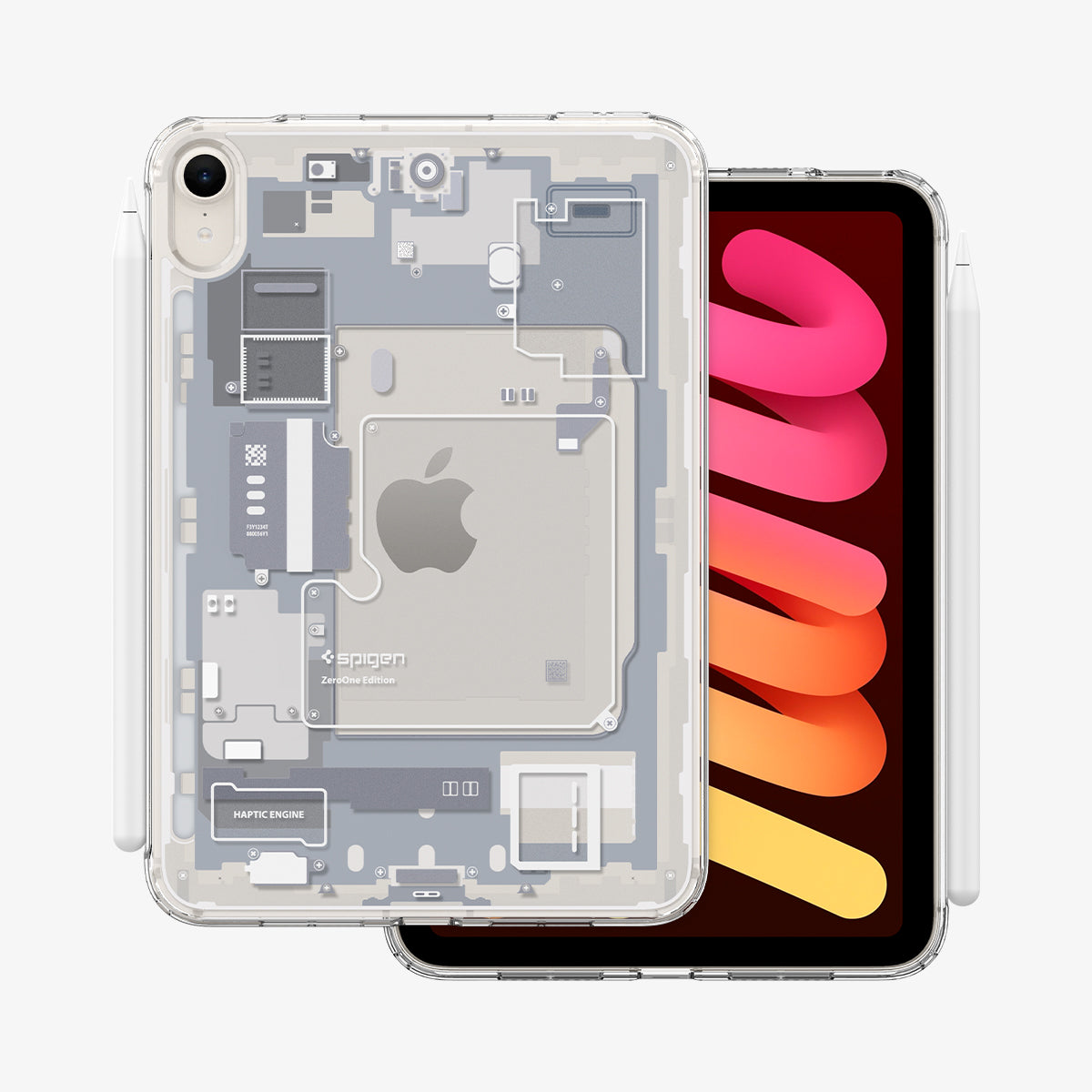ACS09163 - iPad Mini 7 Case Ultra Hybrid Zero One White showing the 
partial front with Apple Pencil attached