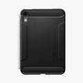 ACS12398 - iPad Mini 8 Rugged Armor in Matte Black showing the back of a tablet case with carbon fiber accents, reinforced edges, and a side-mounted stylus.