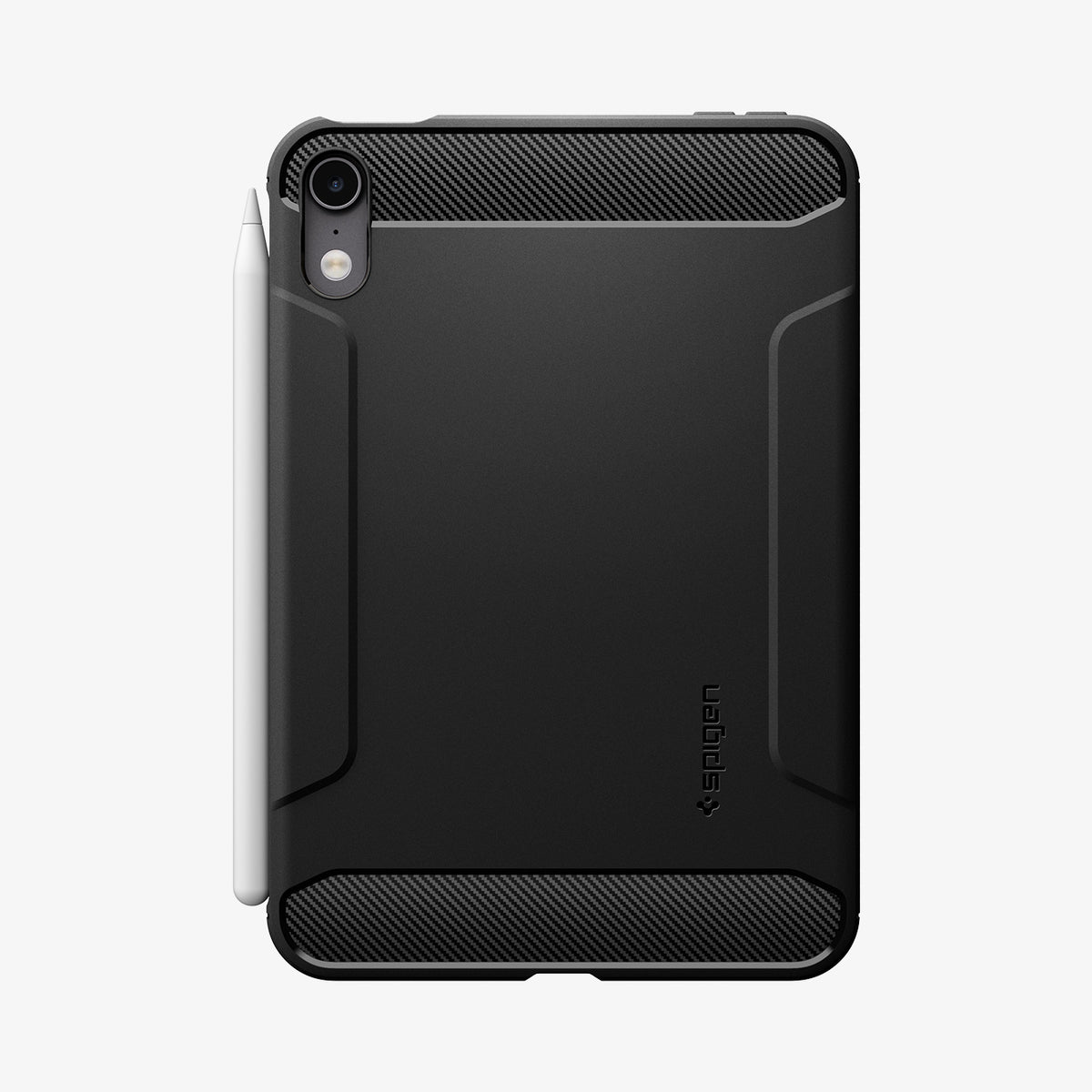 ACS12398 - iPad Mini 8 Rugged Armor in Matte Black showing the back of a tablet case with carbon fiber accents, reinforced edges, and a side-mounted stylus.