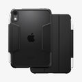 ACS12401 - iPad mini 8 Ultra Hybrid Pro showing the back of a protective tablet case with reinforced corners, a transparent panel, and a stylus holder.