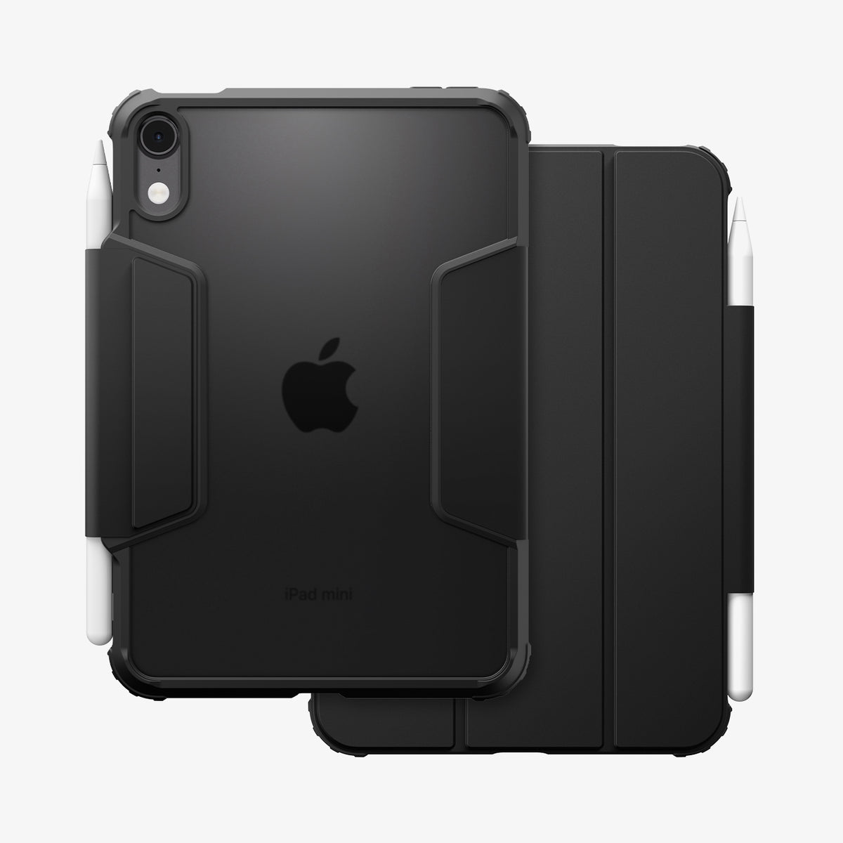 ACS12401 - iPad mini 8 Ultra Hybrid Pro showing the back of a protective tablet case with reinforced corners, a transparent panel, and a stylus holder.