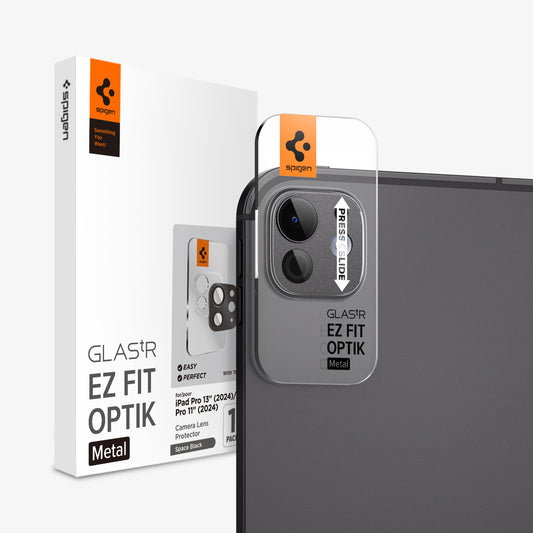 AGL07791 - iPad Pro 13-inch (2024) Optik Pro EZ Fit Lens Protector in Space Black showing the front attached to a device and behind it, is the packaging