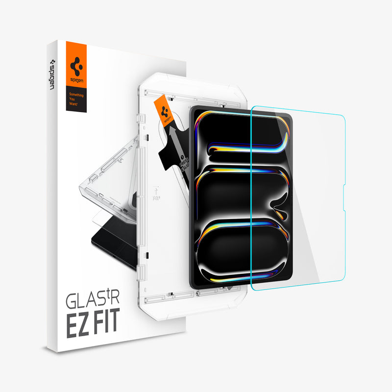 AGL07793 - iPad Pro 12.9-inch GLAS.tR EZ FIT in Clear showing the screen protector hovering in front of a device, alignment tray and the packaging
