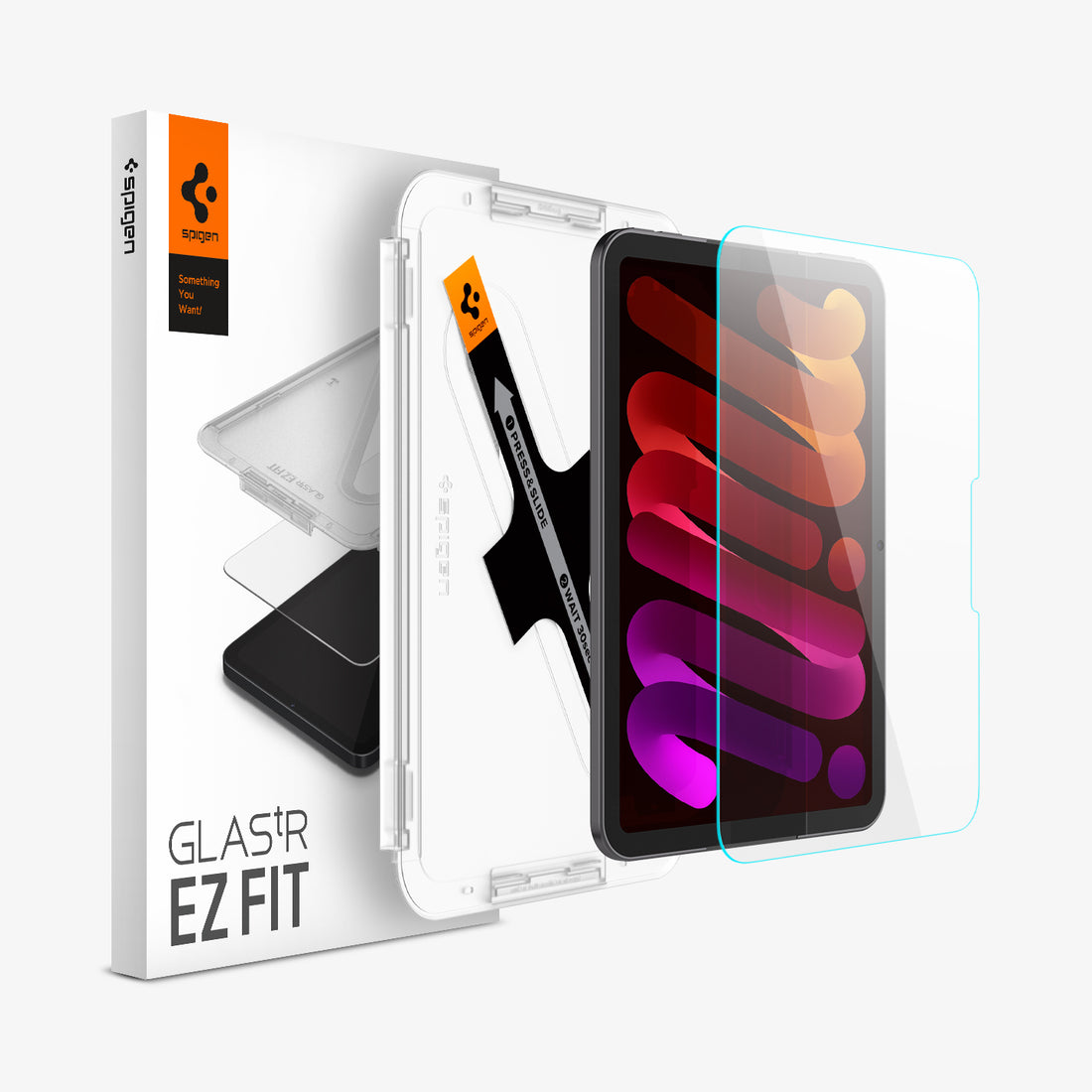 AGL12516 - iPad Mini 8 GLAS.tR EZ FIT showing iPad Mini screen protector, EZ Fit installation tray, and product packaging.