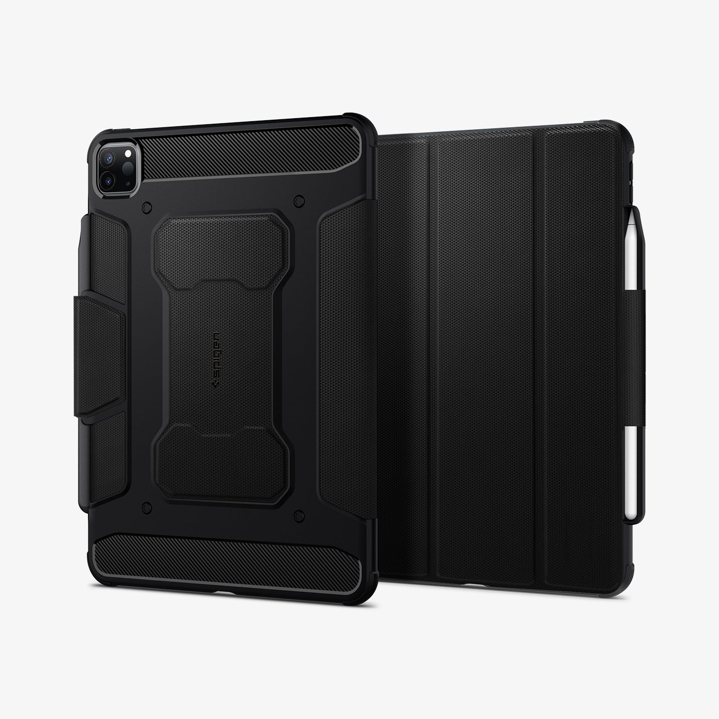 ACS02889 - iPad Pro 12.9-inch Case Rugged Armor Pro in Black showing the back and partial front with s-pen attached