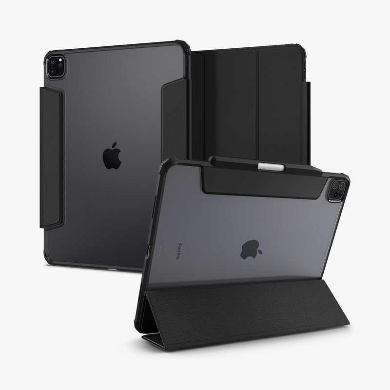 ACS02880 - iPad Pro 12.9"(2022/2021) Case Ultra Hybrid Pro in black showing the back, front and device propped up by built in kickstand