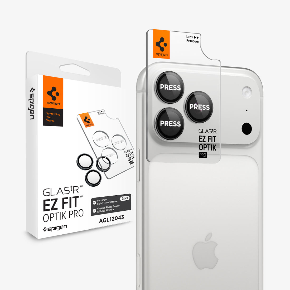 AGL12043 - iPhone 18 Pro Max / iPhone 18 Pro Optik Pro EZ Fit Lens Protector in Dark Gray showing a camera lens protector with an alignment tray and retail packaging.