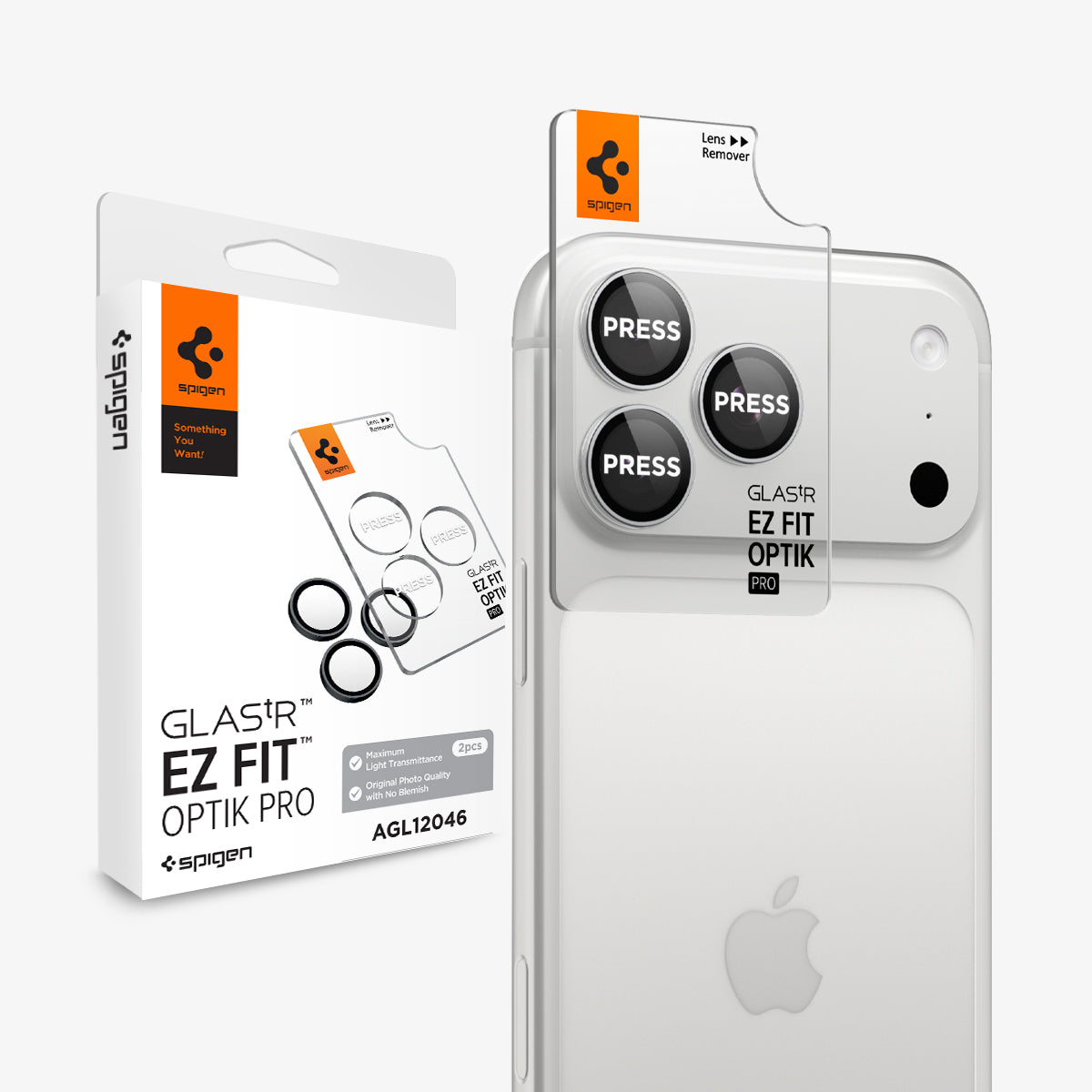 AGL12046 - iPhone 18 Pro Max / iPhone 18 Pro Optik Pro EZ Fit Lens Protector in Silver showing a camera lens protector with an alignment tray and retail packaging.