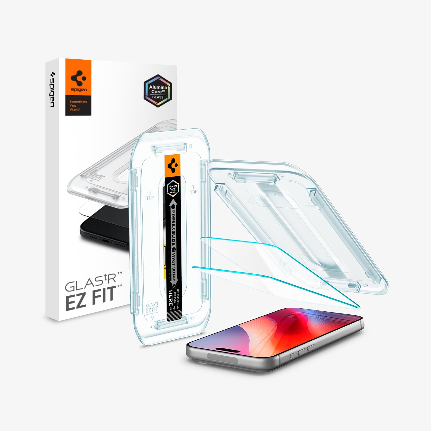AGL07928 - iPhone 18 Pro / iPhone 17 Pro  GLAS.tR EZ Fit | Sensor Protected showing a screen protector, installation tray, and retail packaging.