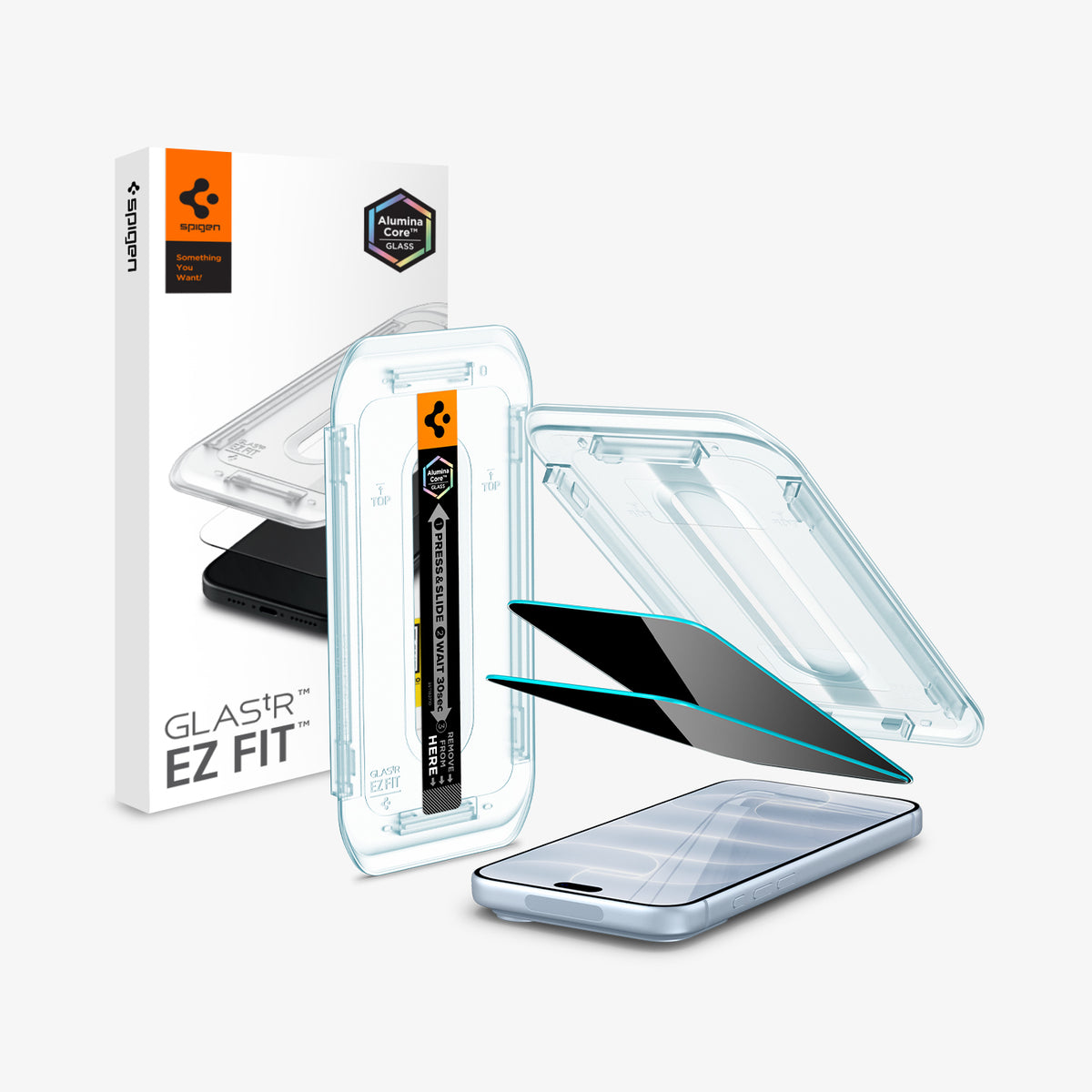 AGL12023 - iPhone 18 Pro GLAS.tR EZ Fit | Privacy showing a screen protector, installation tray, and retail packaging.