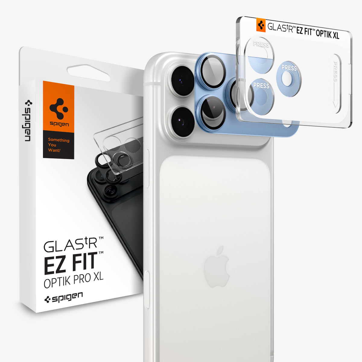 AGL12037 - iPhone 18 Pro Optik Pro XL EZ Fit Lens Protector in Light Blue showing a camera lens protector with an alignment tray and retail packaging.