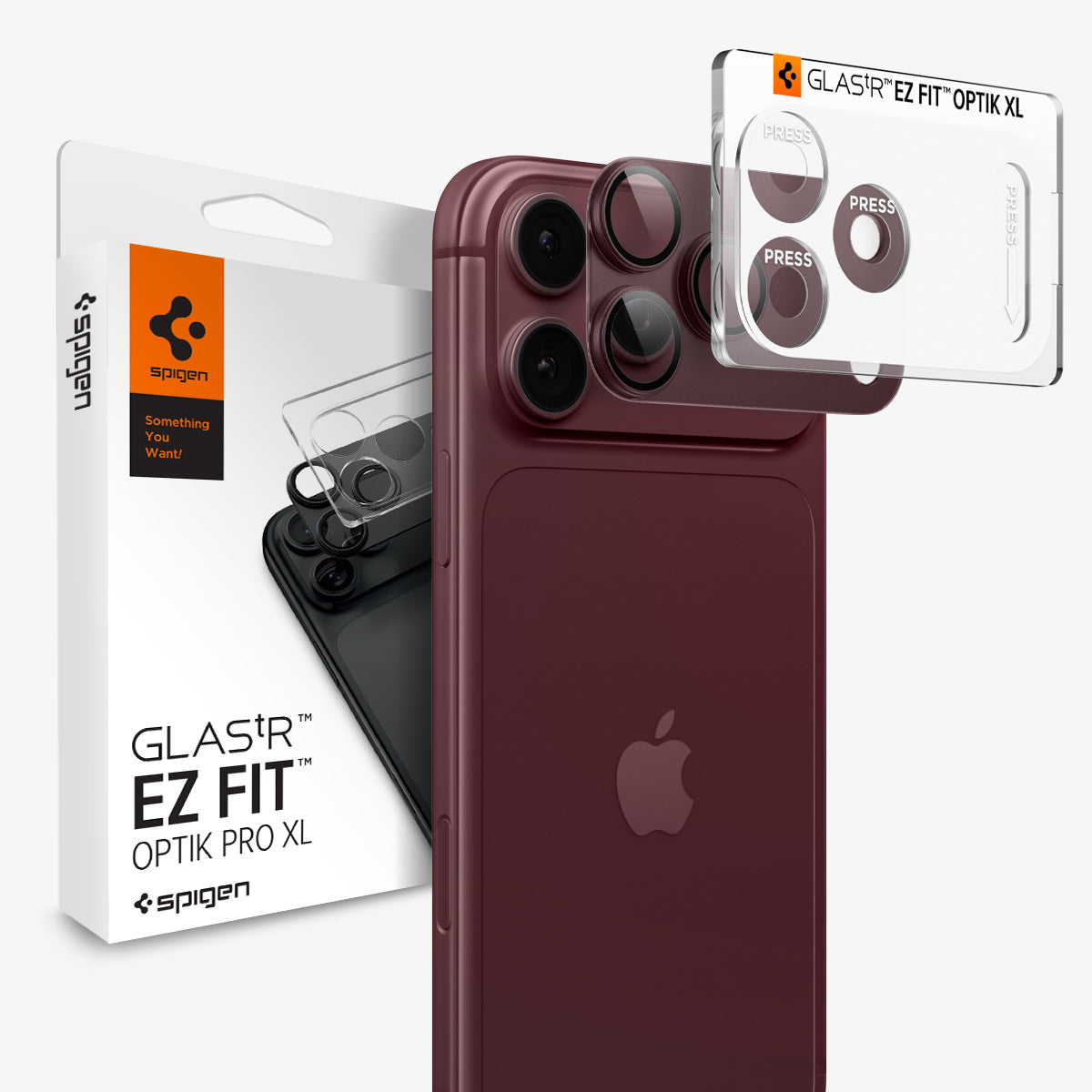 AGL12036 - iPhone 18 Pro Optik Pro XL EZ Fit Lens Protector in Dark Cherry showing a camera lens protector with an alignment tray and retail packaging.