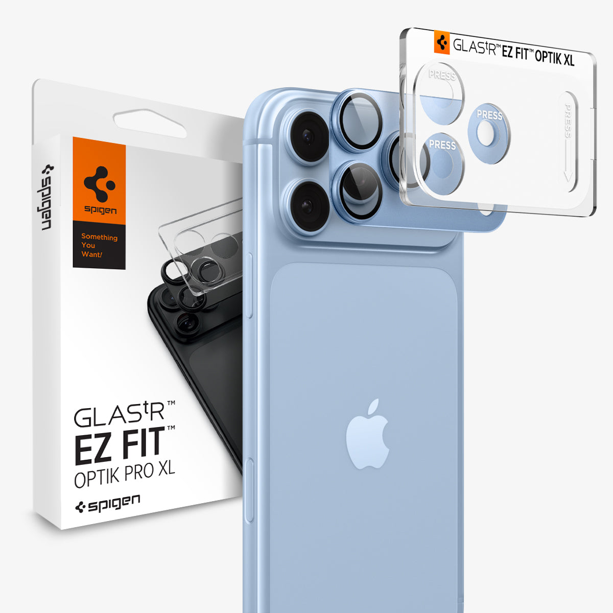AGL12037 - iPhone 18 Pro Optik Pro XL EZ Fit Lens Protector in Light Blue showing a camera lens protector with an alignment tray and retail packaging.