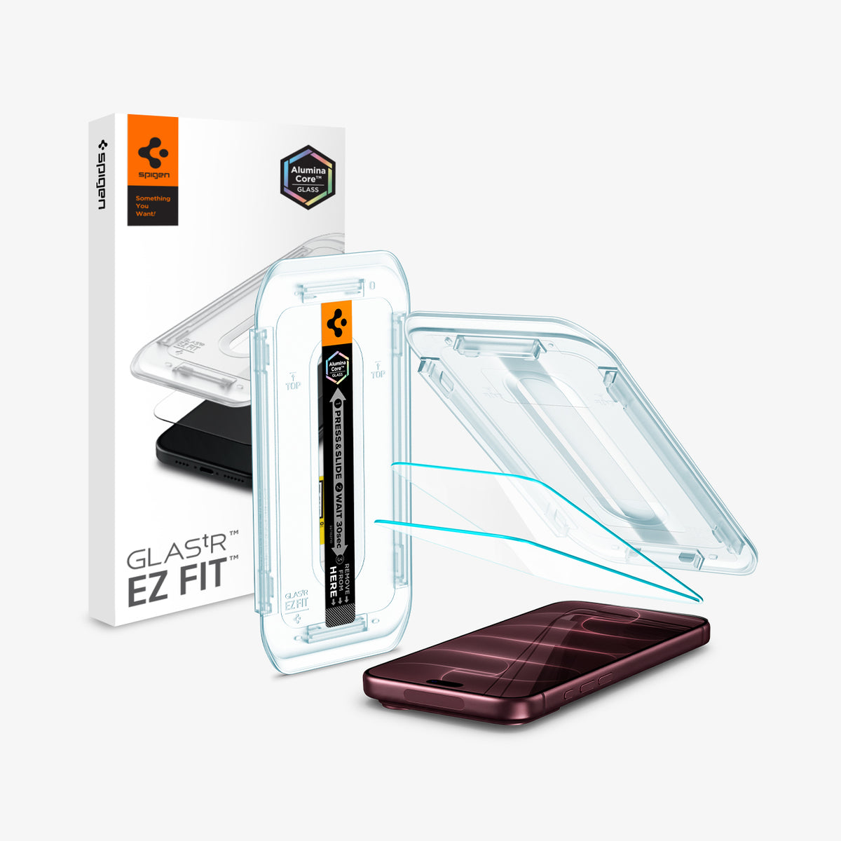 AGL07907 -  iPhone 18 Pro Max / iPhone 17 Pro Max GLAS.tR EZ Fit | Sensor Protected showing a screen protector, installation tray, and retail packaging.