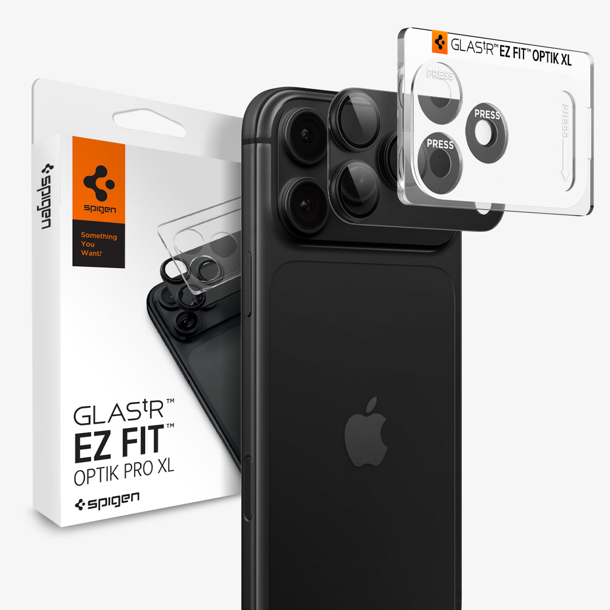 AGL12039 - iPhone 18 Pro Max Optik Pro XL EZ Fit Lens Protector in black showing a camera lens protector with an alignment tray and retail packaging.