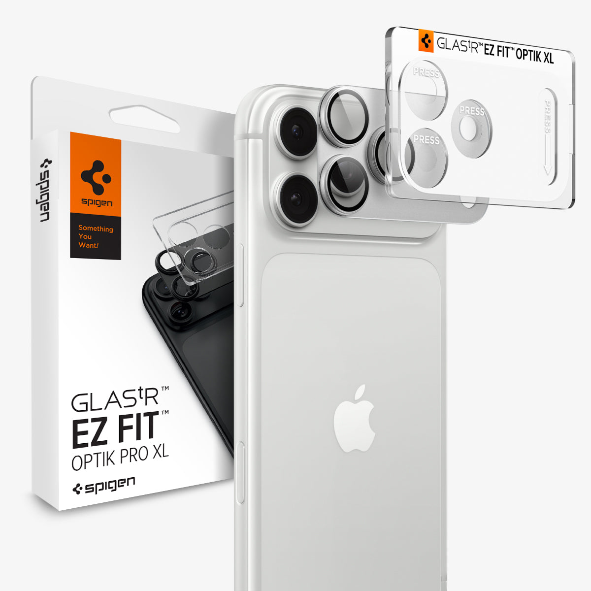 AGL12042 - iPhone 18 Pro Max Optik Pro XL EZ Fit Lens Protector in Silver showing a camera lens protector with an alignment tray and retail packaging.