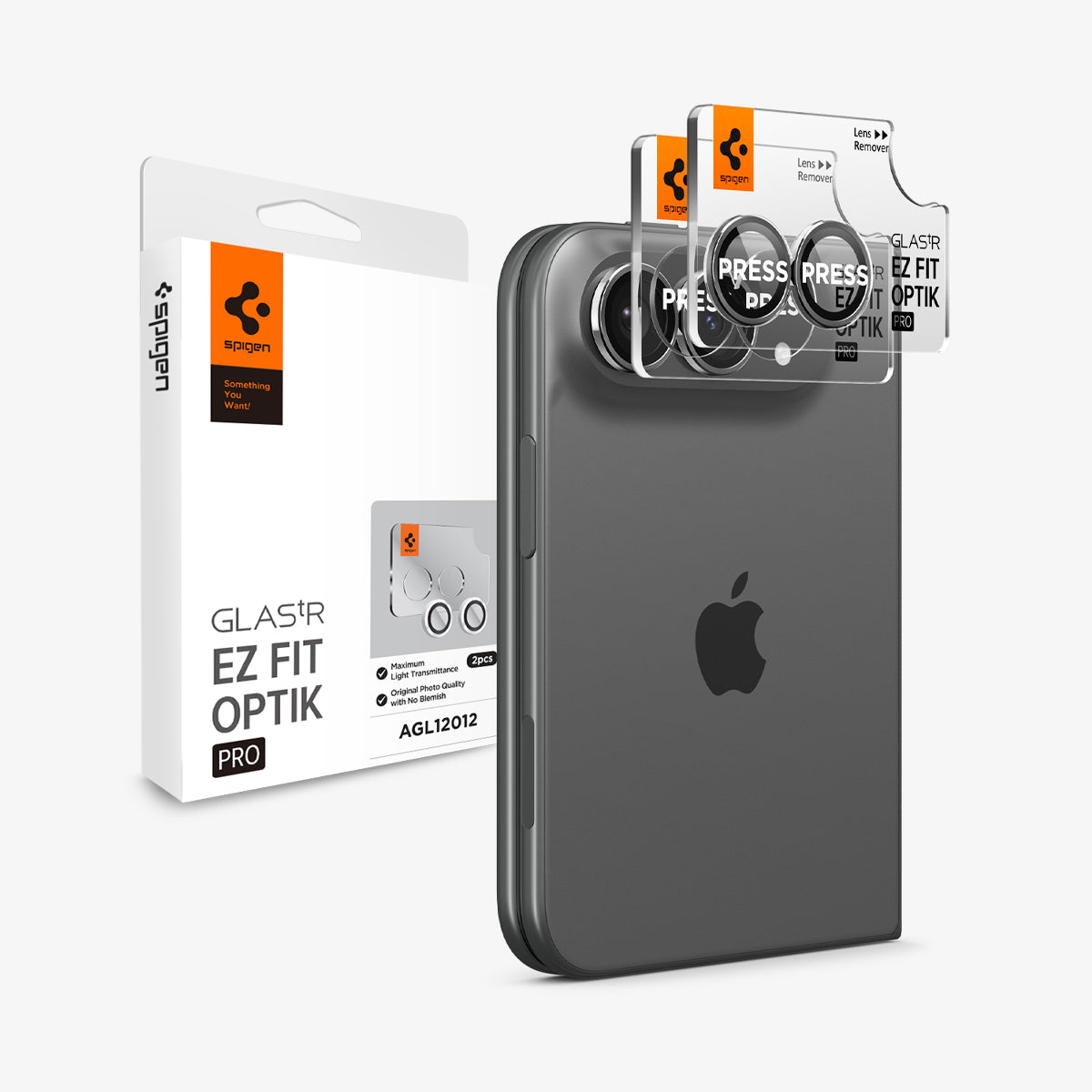 AGL12012 - iPhone Duo Optik Pro EZ Fit Lens Protector in Star White showing the EZ Fit Optik Pro lens protectors with installation trays and product packaging