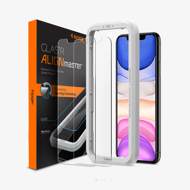 AGL00252 - iPhone 11 Alignmaster Full Cover Black in Black showing the two pieces tempered glass aligned in a alignment tray and device beside it, is the packaging
