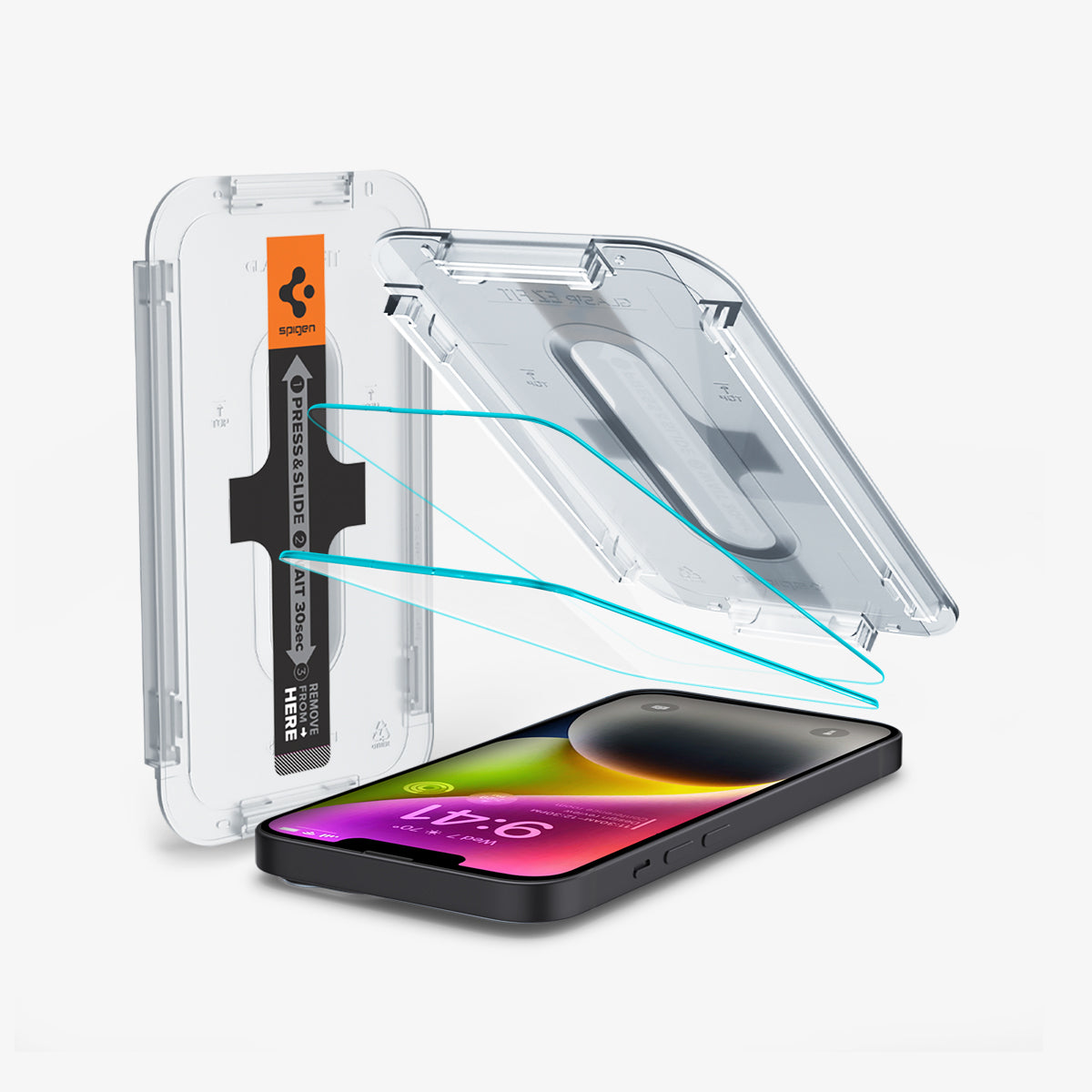 AGL03386 - iPhone 14 Screen Protector EZ FIT GLAS.tR (Sensor Protection) showing the device, two screen protectors, and ez fit tray