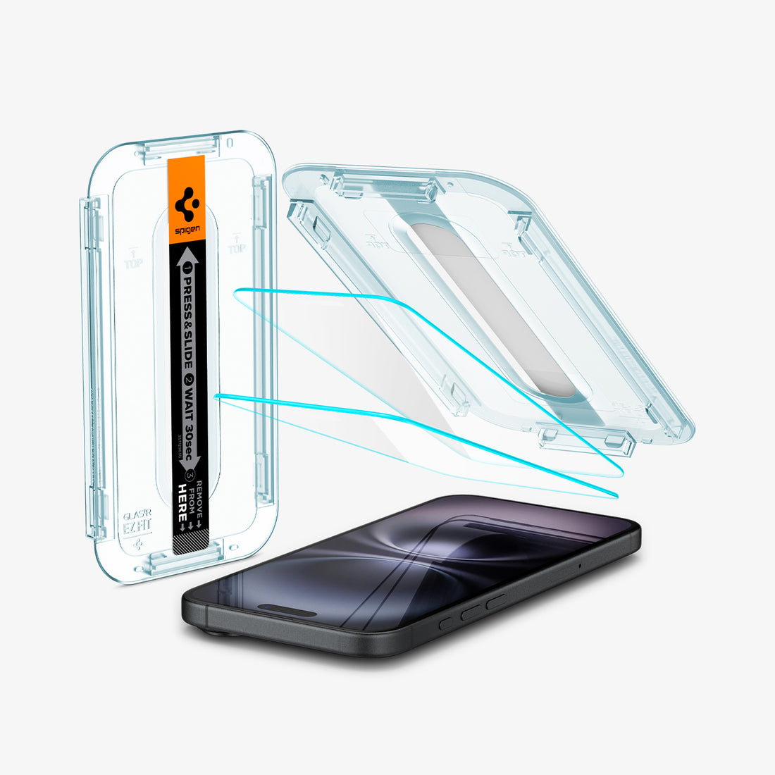 AGL06903 - iPhone 16 GLAS.tR EZ Fit Sensor Protected showing the installation tray hovering above the 2 screen protector and the device, beside it is another installation tray