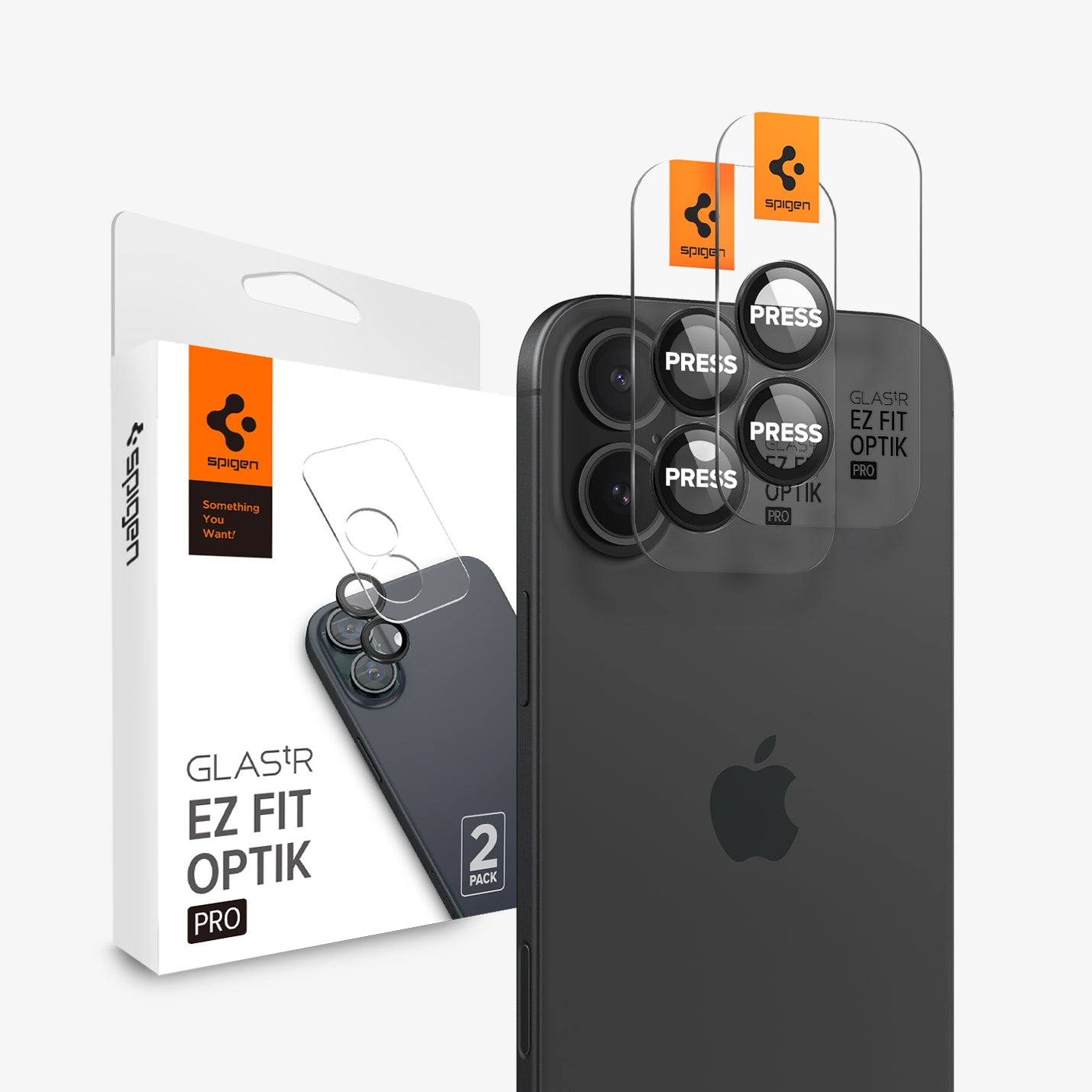 AGL07921 - iPhone 16 Plus / iPhone 16 Optik Pro EZ Fit Lens Protector in Black showing the device, two lens protectors and packaging