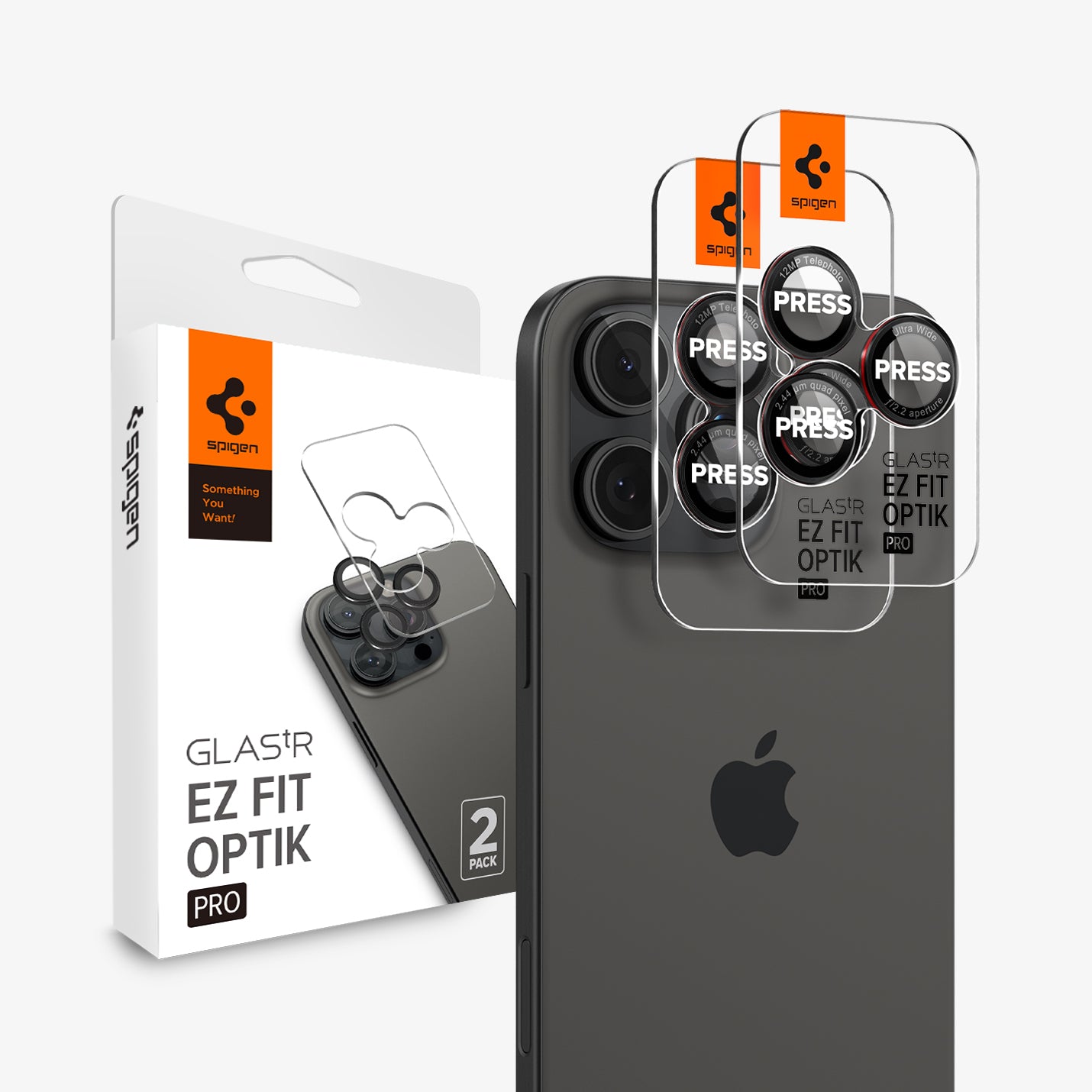 AGL05217 - iPhone 16 Pro / 16 Pro Max Optik Pro Lens Protector L-series showing the device, two lens protector ez fit trays and packaging