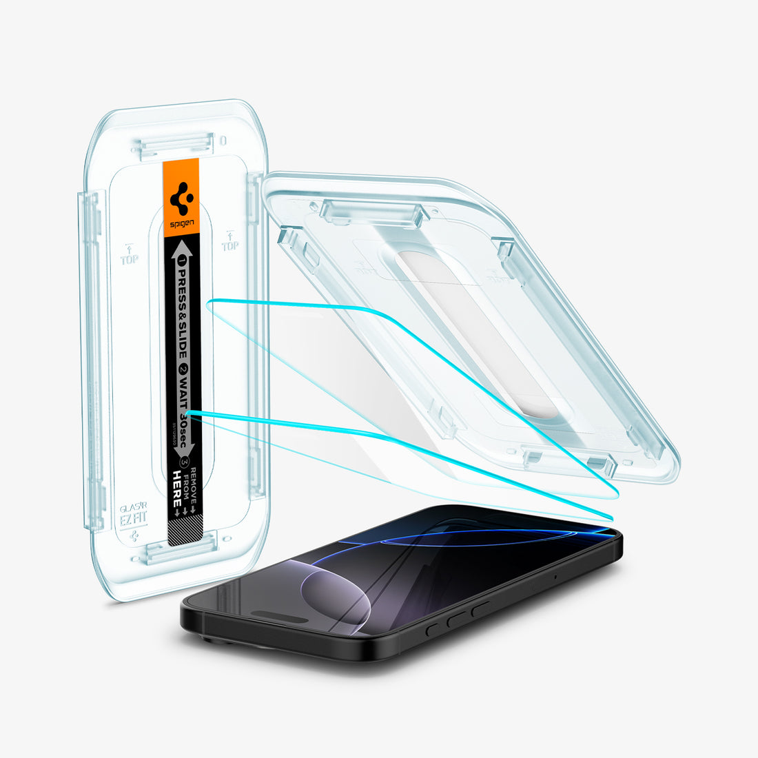 AGL07928 - iPhone 16 Pro GLAS.tR EZ Fit Sensor Protected showing the installation tray hovering above the 2 screen protector and the device, beside it is another installation tray