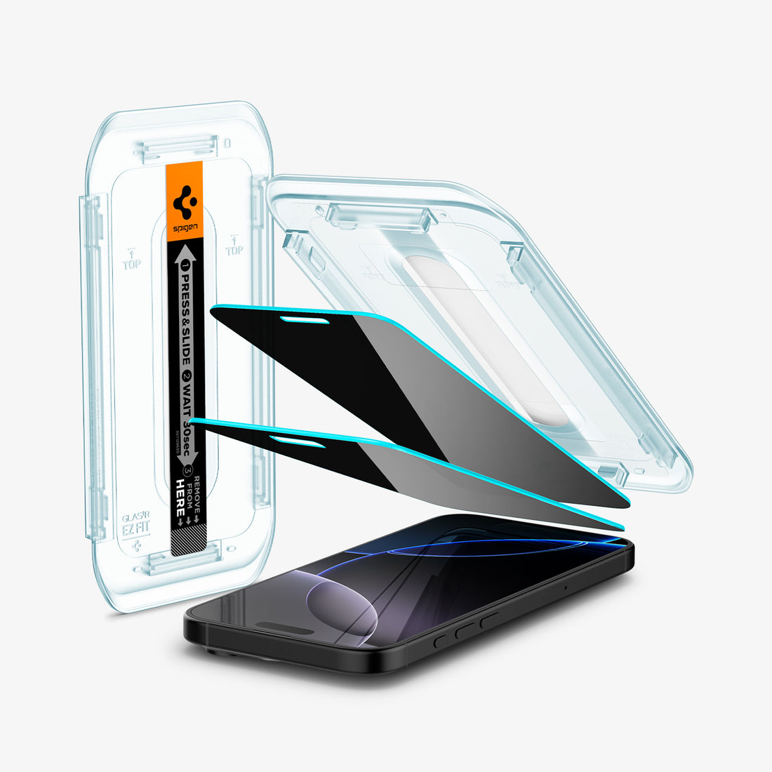 AGL07908 - iPhone 16 Pro Max GLAS.tR EZ Fit Privacy showing the installation tray hovering above the 2 screen protector and the device, beside it is another installation tray