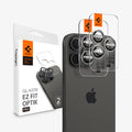 AGL08863 - iPhone 16 Pro Max / iPhone 16 Pro Optik Pro EZ Fit Lens Protector in Bright Silver showing the device, two lens protectors and packaging