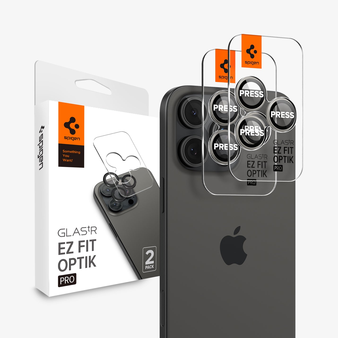 AGL08863 - iPhone 16 Pro Max / iPhone 16 Pro Optik Pro EZ Fit Lens Protector in Bright Silver showing the device, two lens protectors and packaging