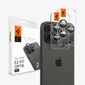 AGL08864 - iPhone 16 Pro Max / iPhone 16 Pro Optik Pro EZ Fit Lens Protector in Titanium showing the device, two lens protectors and packaging