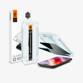 AGL09862 - iPhone 17 Air GLAS.tR EZ Fit Privacy showing the installation tray hovering above the 2 screen protector and the device, beside it is another installation tray with case
