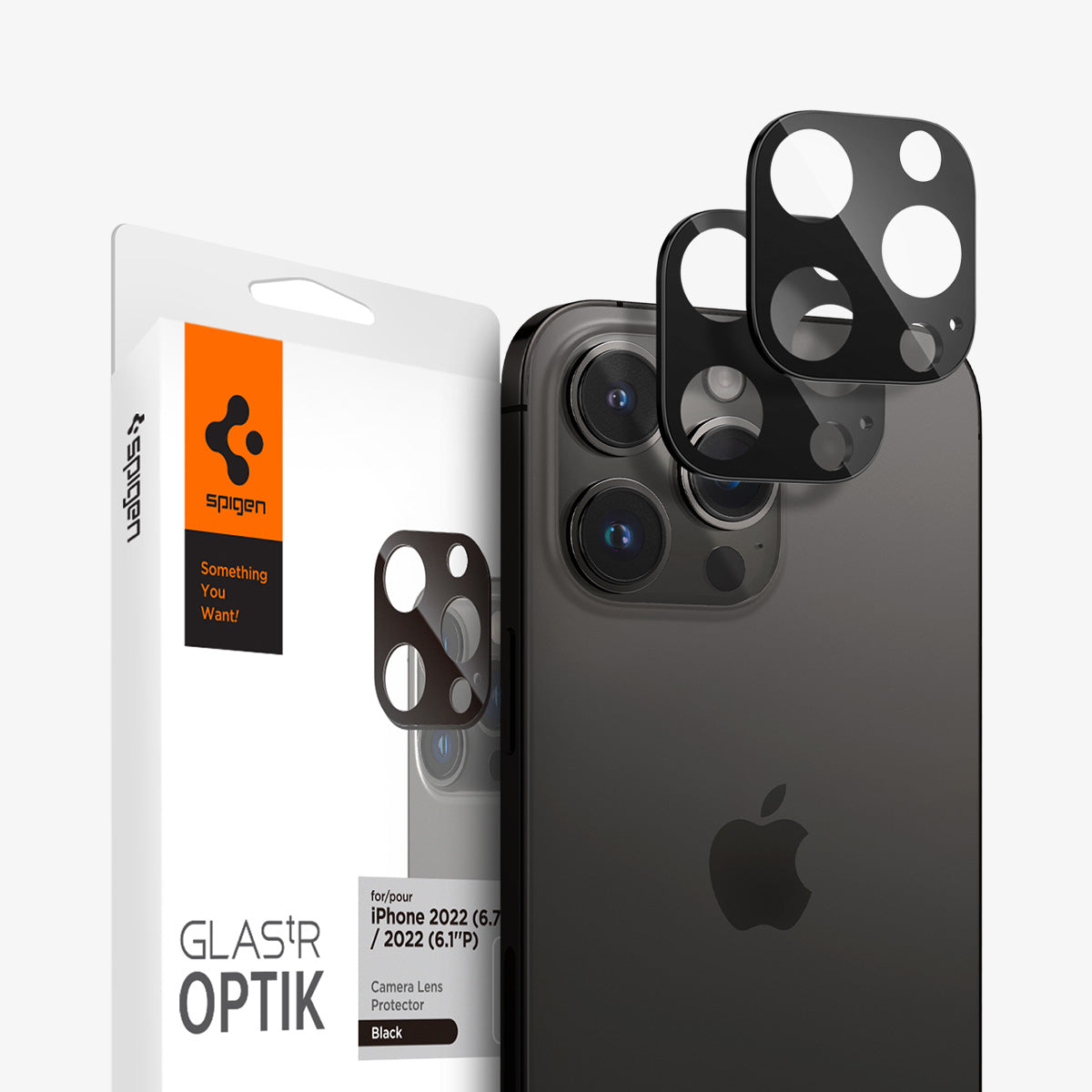 AGL06913 - iPhone 14 Pro / 14 Pro Max Optik Lens Protector in black showing the device, two optik lens protectors and packaging